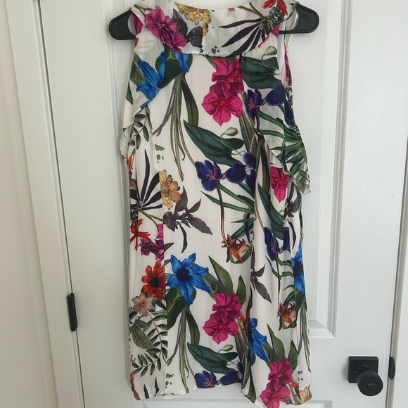 Parker Elana Floral Cold Shoulder Ruffle White and Pink Mini Dress Medium - Picture 4 of 4